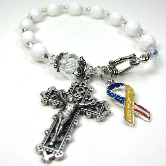 White Rosary Bracelet Keep My Son Safe Flag Ribbon Crucifix Catholic Vintage Swarovski Crystal Bead
