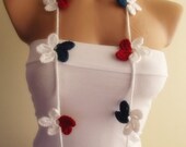 hand crocheted floral scarf lariat christmas gift navy blue red white