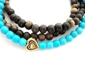 Turquoise Yoga Bracelet Set, Blue Turquoise, Gold Heart, Wooden Mala Bracelets, Set of 3 Bracelets