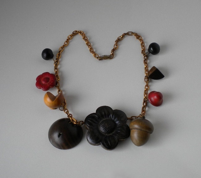 Whimsical Vintage Wood Necklace Colorful Organic