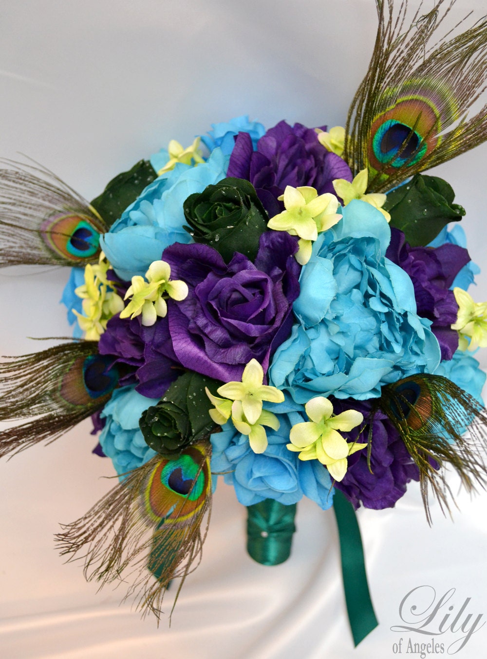 17pcs Wedding Bridal Bouquet Set Decoration Silk Flower TURQUOISE PURPLE PEACOCK "Lily of Angeles"