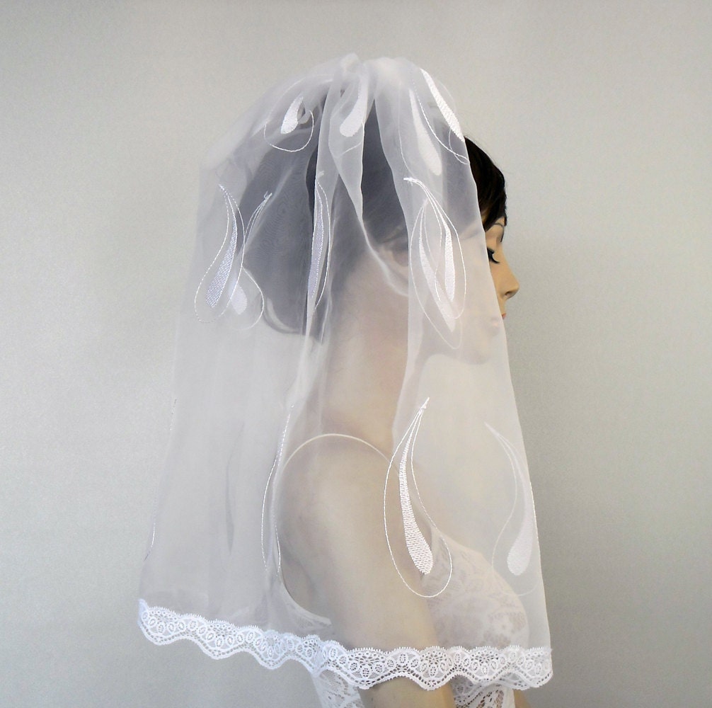 Shoulder Length Bridal Veil in White Tulle with Tear Drop Patterns Embroidered. Handmade. OOAK