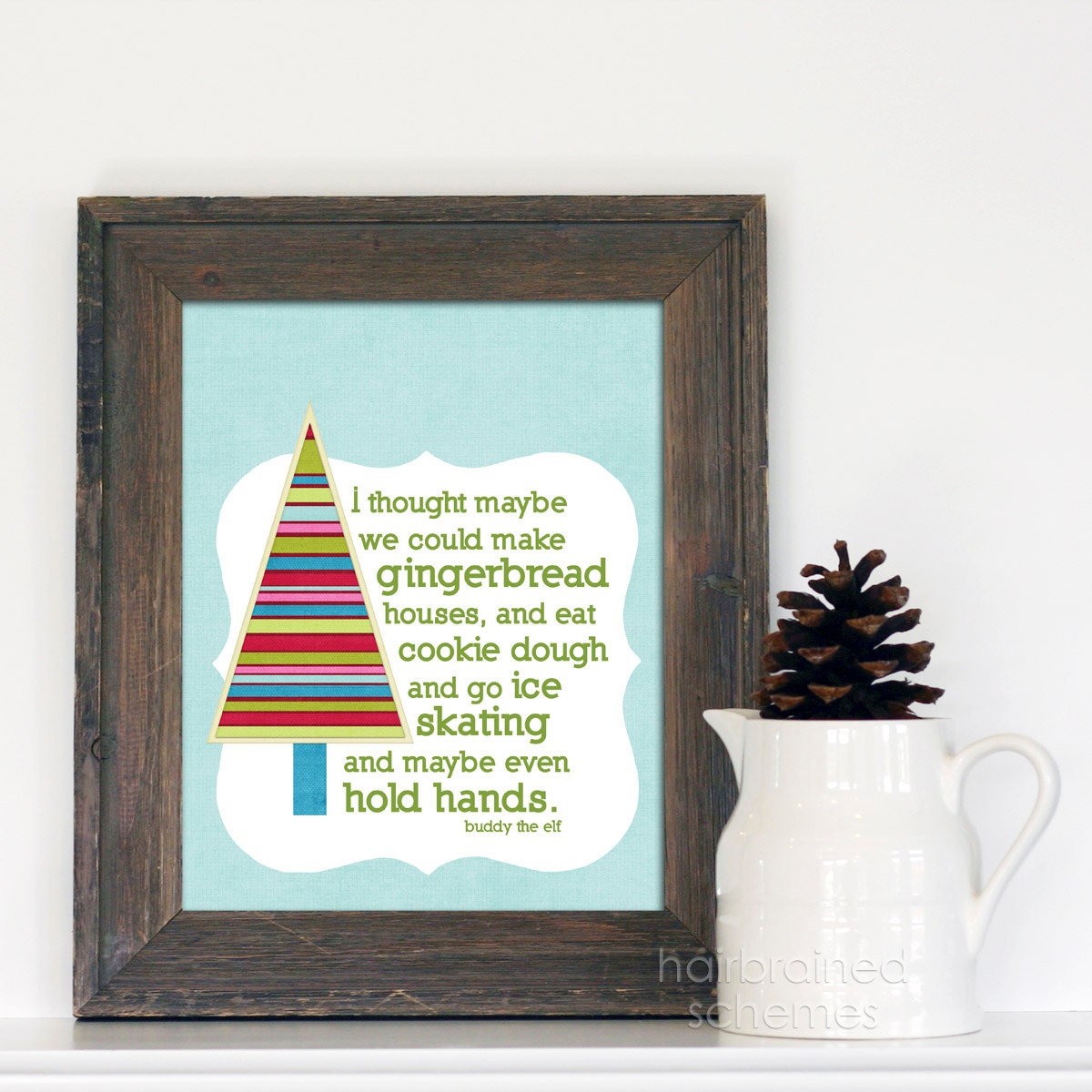 Christmas Digital Art Typography Print Hold Hands Poster Blue Striped Christmas Tree