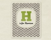 Digital Art Print Modern Customizable Personalized Initial Name Nursery Print Gray Chevron Green Dots Boy
