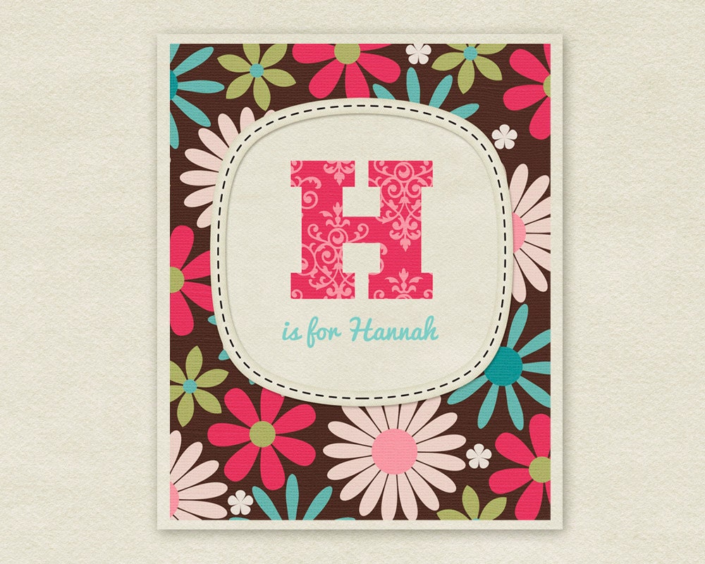 Digital Art Print Modern Customizable Personalized Initial Name Nursery Print Girls Pink Damask Floral