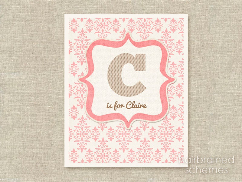 Digital Typography Art Print Modern Customizable Personalized Initial Name Nursery Typographic Print Coral Pink Cream