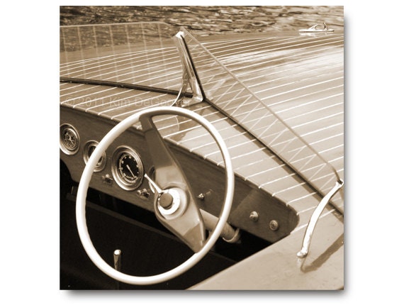 Chris Craft  Boat Photo, vintage steering wheel, glass gauges, polished wood, dad, classic styling, nautical, collector