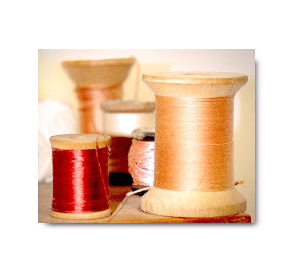 Still Life  Print, Vintage Spools of Thread, Still life Photo, sewing, seamstress, soft, peach, red, orange, home decor, still life