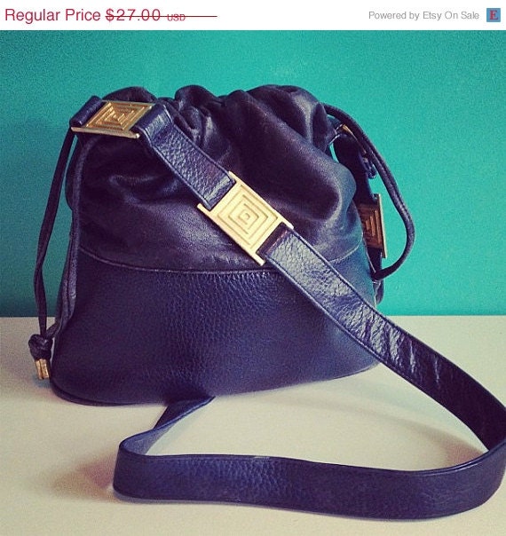 ON SALE NOW Vintage Closeout Sale - Navy Blue Leather Bag with Gold Accents, Ooak Gift for Her, Vintage Gift