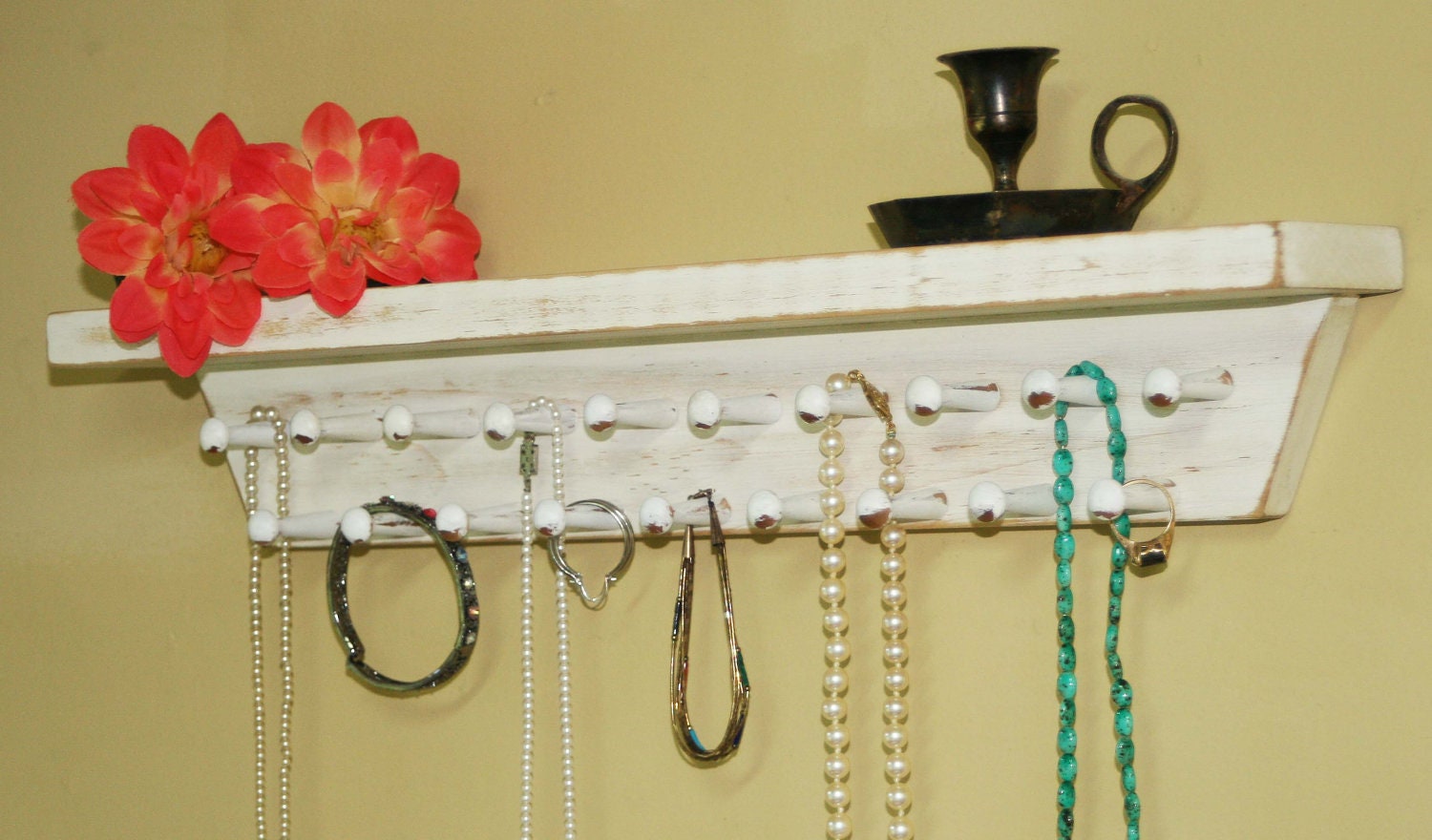 Jewelry Storage Holder Necklace Vintage White Shelf Bracelet Necklace Organizer Shabby White Wall Shelf  Jewelry Holders
