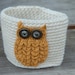 Golden woodland owl Coffee Cozy, crocheted, gold, beige, cream sleeve