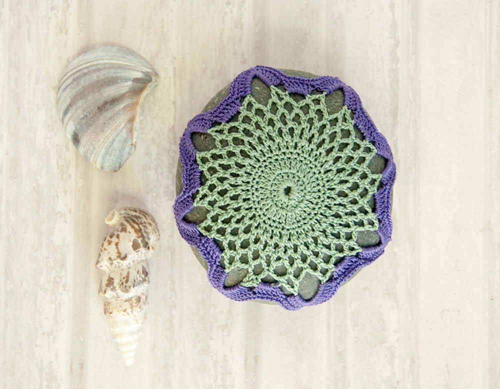 Crochet Lace  Stone // Rustic Beach // turquoise and purple // Wedding Decor // Ringbearer Pillow // Art Object