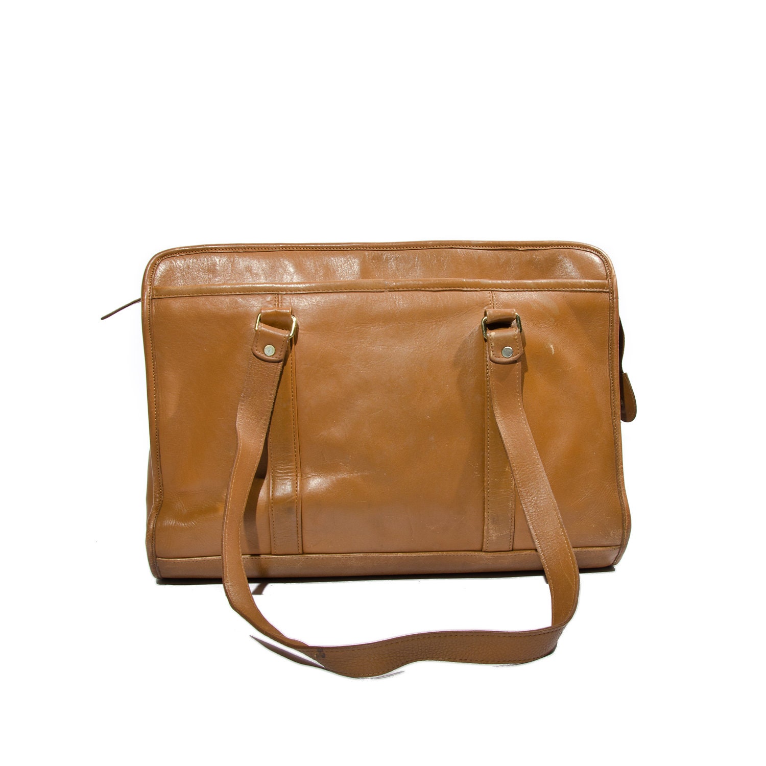 Lightly Distressed Caramel Brown Briefcase Carry All Bag Business Office Fashion