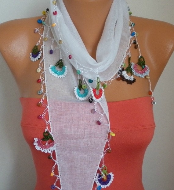 Summer Scarf Shawl - Cotton Weddings Scarves - Cowl with Lace Edge - White