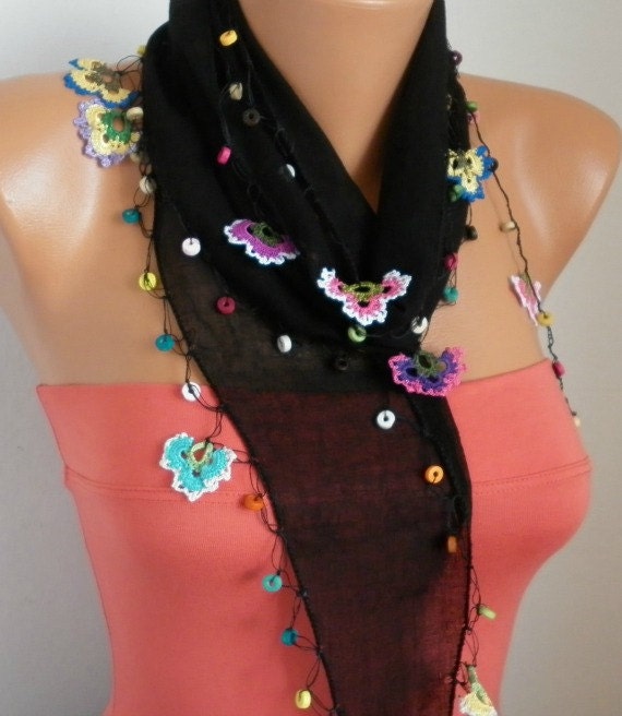 Summer Scarf Shawl - Cotton Weddings Scarves - Cowl with Lace Edge - Black