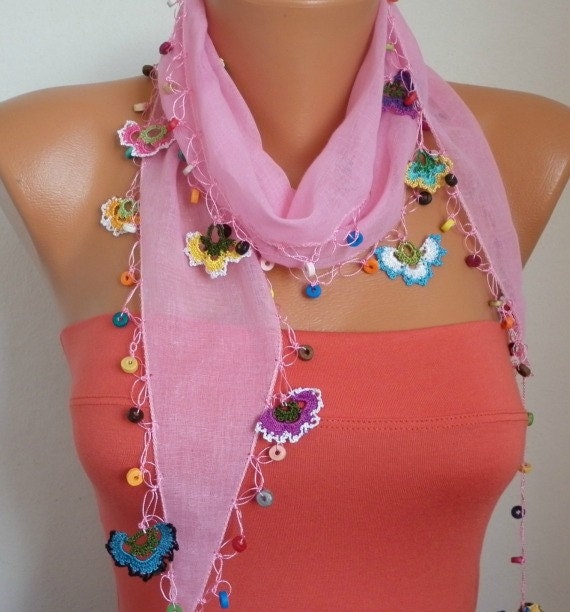 BIG SALE Summer Scarf Shawl - Cotton Weddings Scarves - Cowl with Lace Edge - Pink
