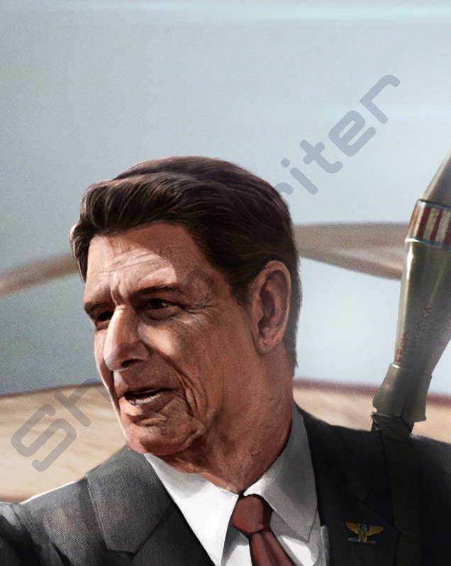 Ronald Reagan Riding a Velociraptor HQ 11x17 Print
