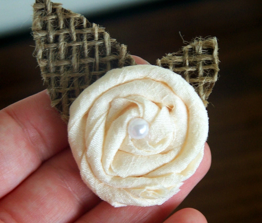 French Vanilla Waffle Cone, Fabric Rosette Boutonniere, Shabby Chic Wedding Flower, Rustic Wedding Flower, Creme and Pearl