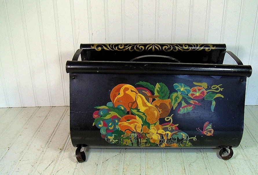 Black Metal Magazine Holder - Vintage ToleWare Rack - All Original Enamel & Hand Painted Flowers