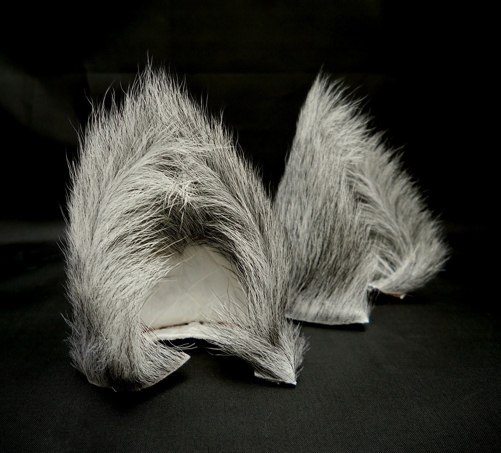 Gray Long Fur Leather Cat Ears Grey Silver White Limited Edition Nekomimi Cosplay Furry Goth Fantasy Fashion Wear