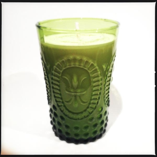 Honeysuckle scented vintage style, olive green glass soy candle: Housewarming /Bridesmaid gift/ wedding gift