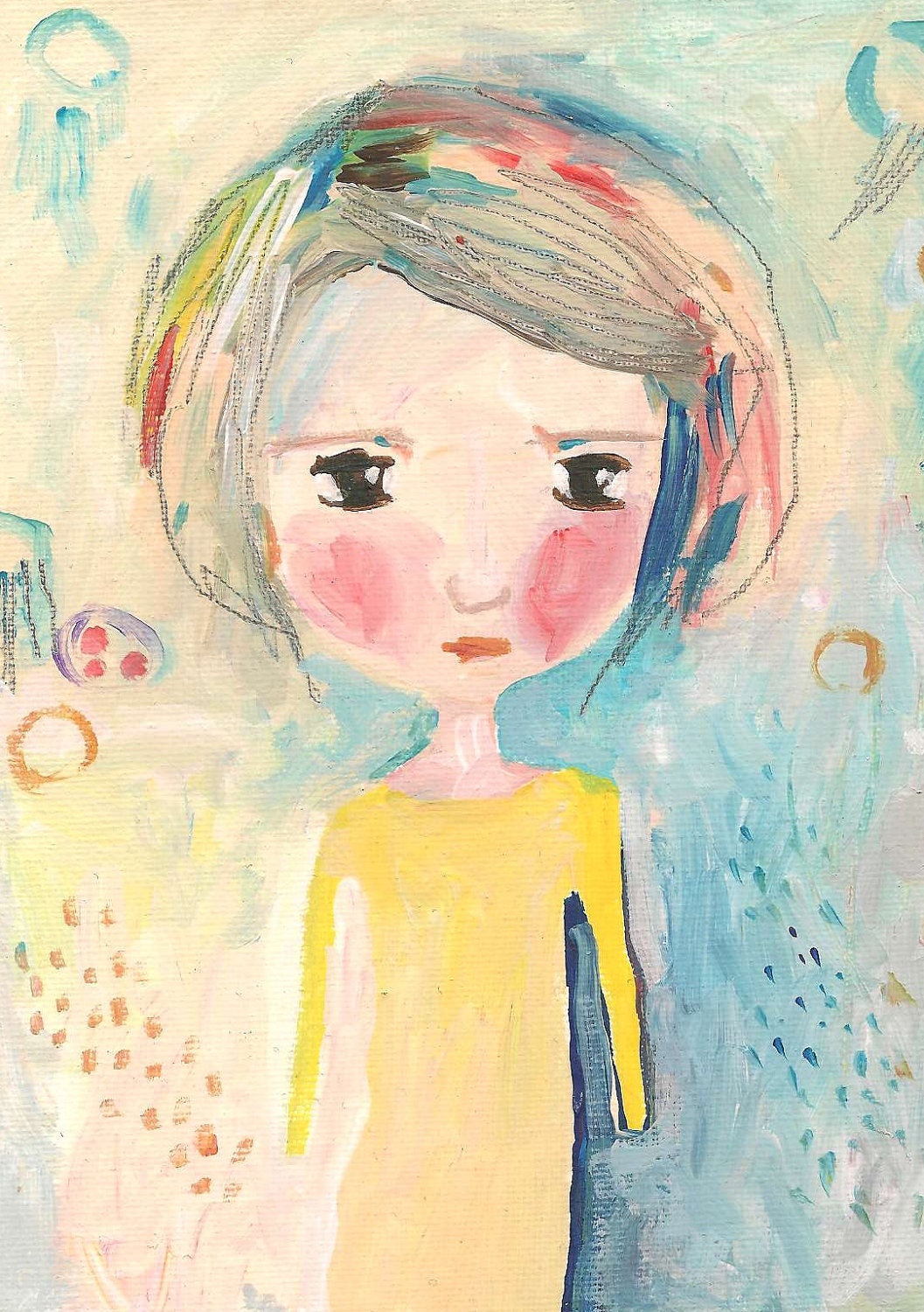 Whimsical girl painting postcard print, folk art print - My Sunshine