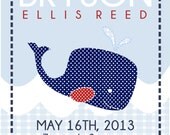 Jackson Whale Birth Announcement, Baby boy, Nursery Wall Art, Childrens Art Print, Pottery Barn inspired Navy Blue- 8x10