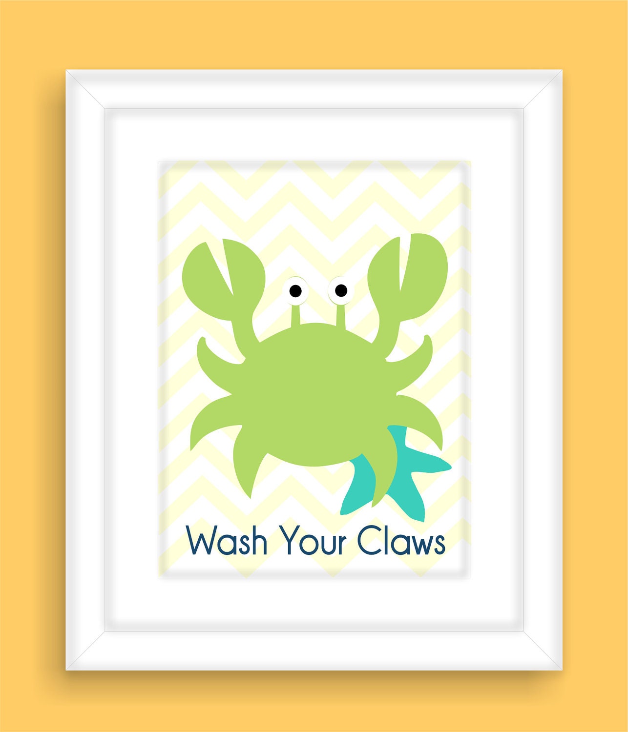 Children's Bathroom Wall Art, Nursery Print, Crab and Starfish with chevron background - 8x10 in aqua and green Wash your Claws