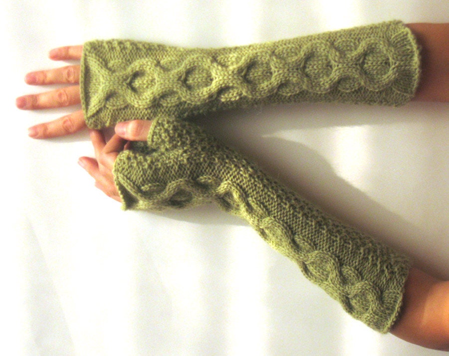 Green Wool Fingerless Gloves Olive Winter Arm Warmers Womens Hand Warmers Knit Fingerless Mittens Cable Gloves - KG0041 - Aimarro - Aimarro