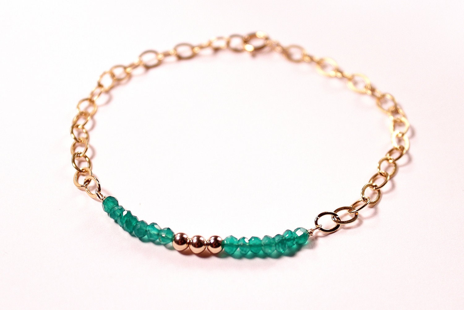 14k Gold-Filled Emerald Green Onyx Gold Bead Strand Chain Bracelet - Holiday Gift - Hostess Gift