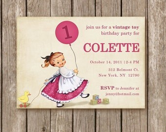 Vintage Toy Invitation - girl - perfect for a birthday party for any little girl or boy - customized to any color (DEPOSIT)