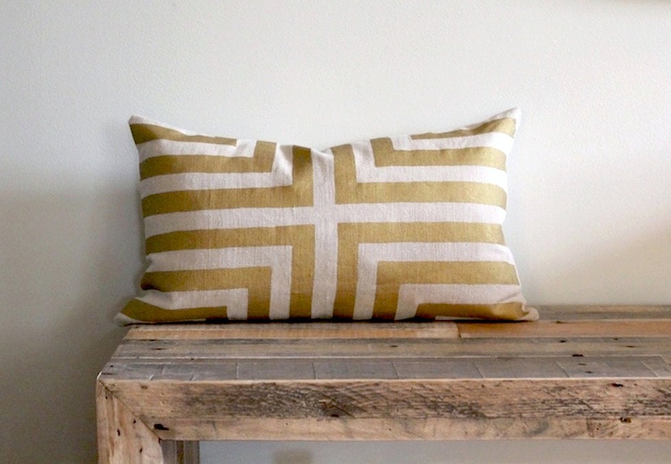 Doha lumbar pillow cover hand printed in metallic bronze on natural organic hemp 12x21