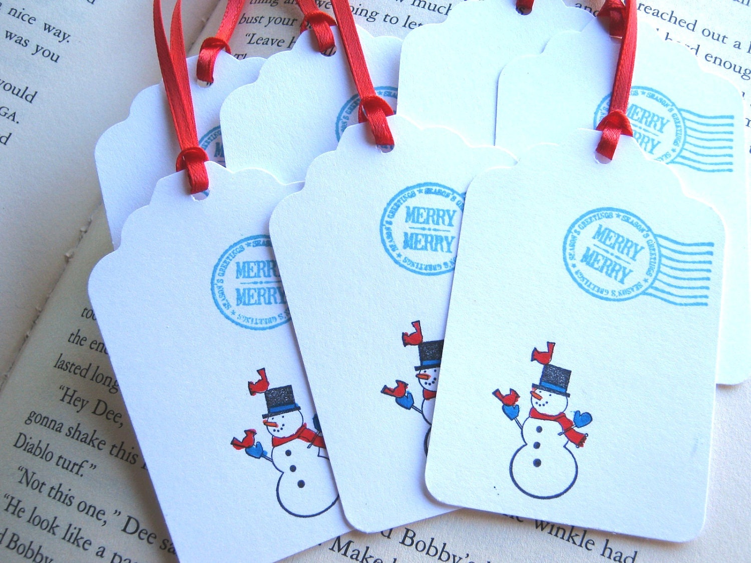 Merry Christmas Teal Blue and Red Snowman Christmas Holiday Gift Tag Labels// Set of 10