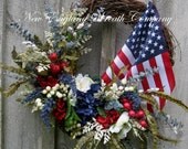 Patriotic Wreath, Americana Decor, Fourth of July, Summer Floral, American Flag Wreath