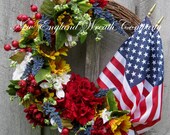 Americana Wreath, Patriotic, Fourth of July Wreath, Sunflowers, Country Cottage, American Flag