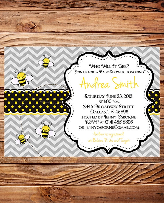 Bee, Honey Bee, Bumble Bee Baby Shower Invitation, Boy, Girl, Gender Neutral, Bee, Polka Dot, Chevron Stripes, Gray, Yellow (Item 5134)