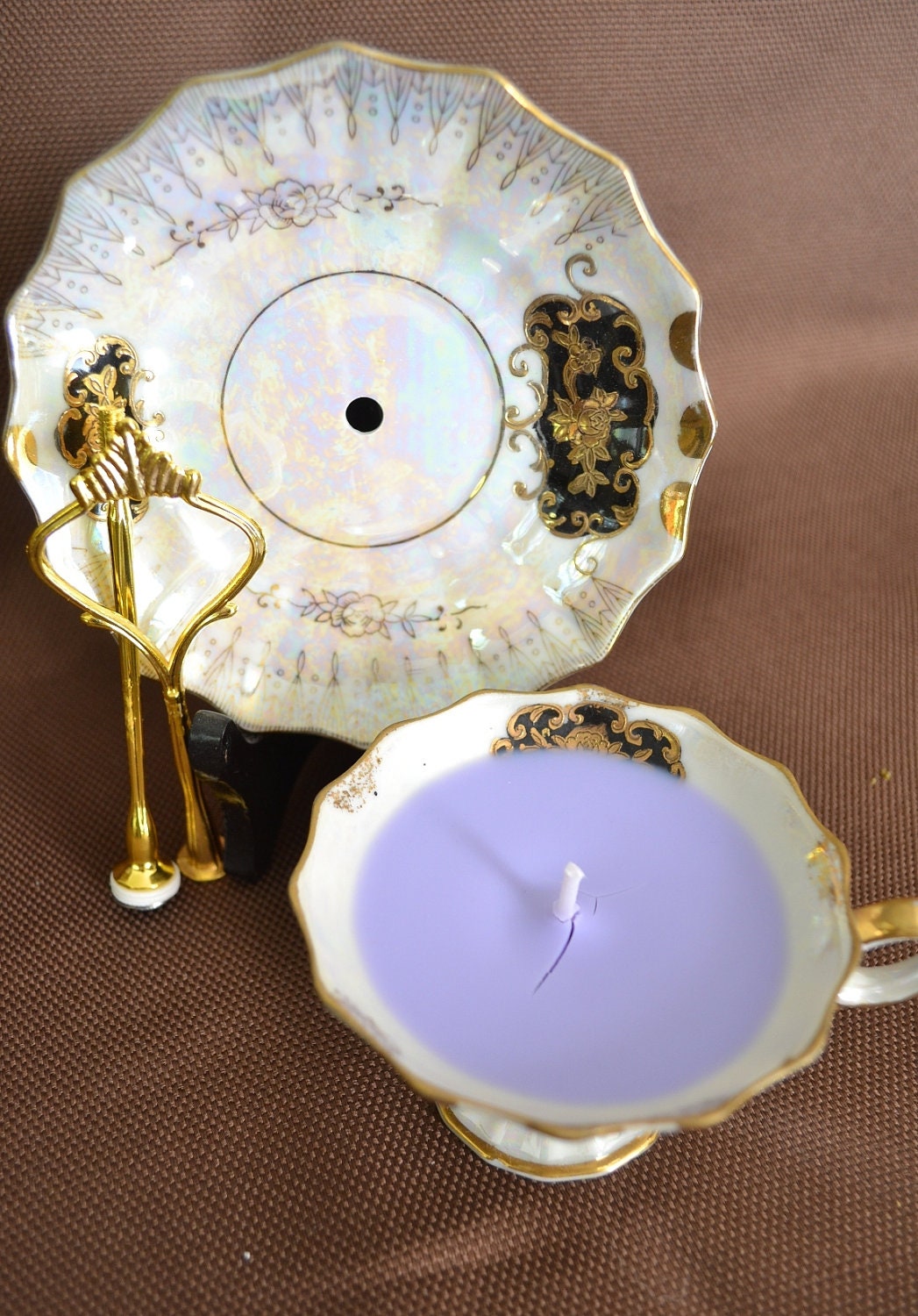 Vintage China Candle Jewelry Stand Kit Lefton Black and Gold FREE Shipping