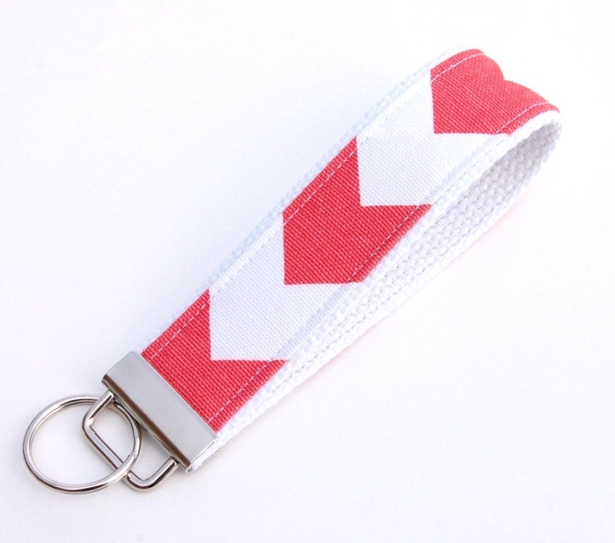 Coral and White Chevron Key Fob