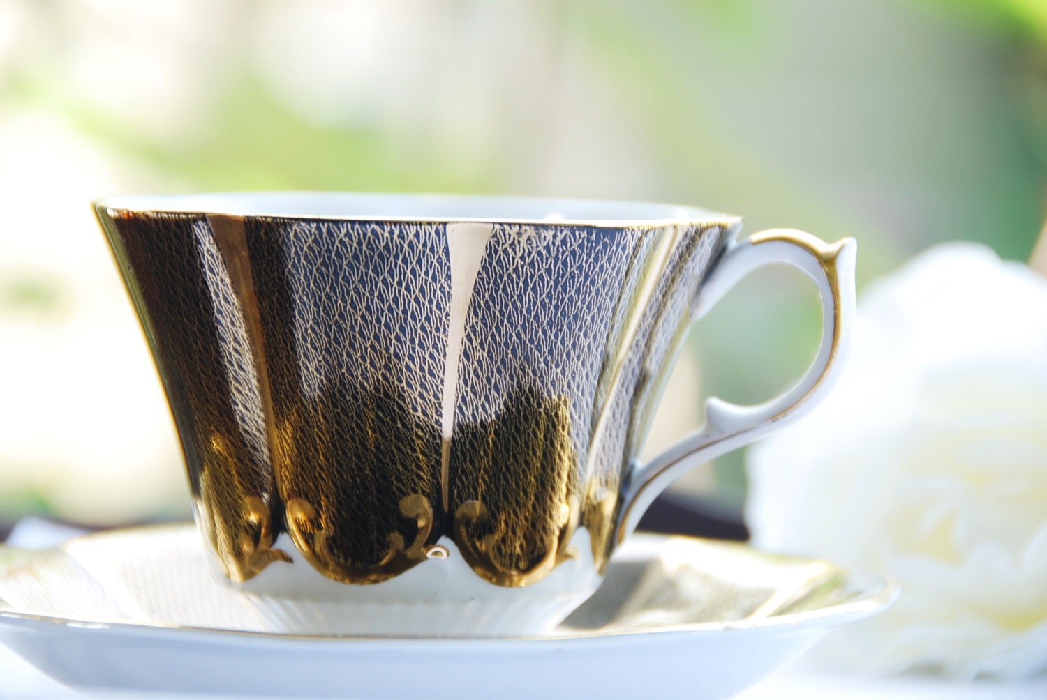 Vintage Queen Anne Tea Cup and Saucer, Glowing Black and Gilt, England