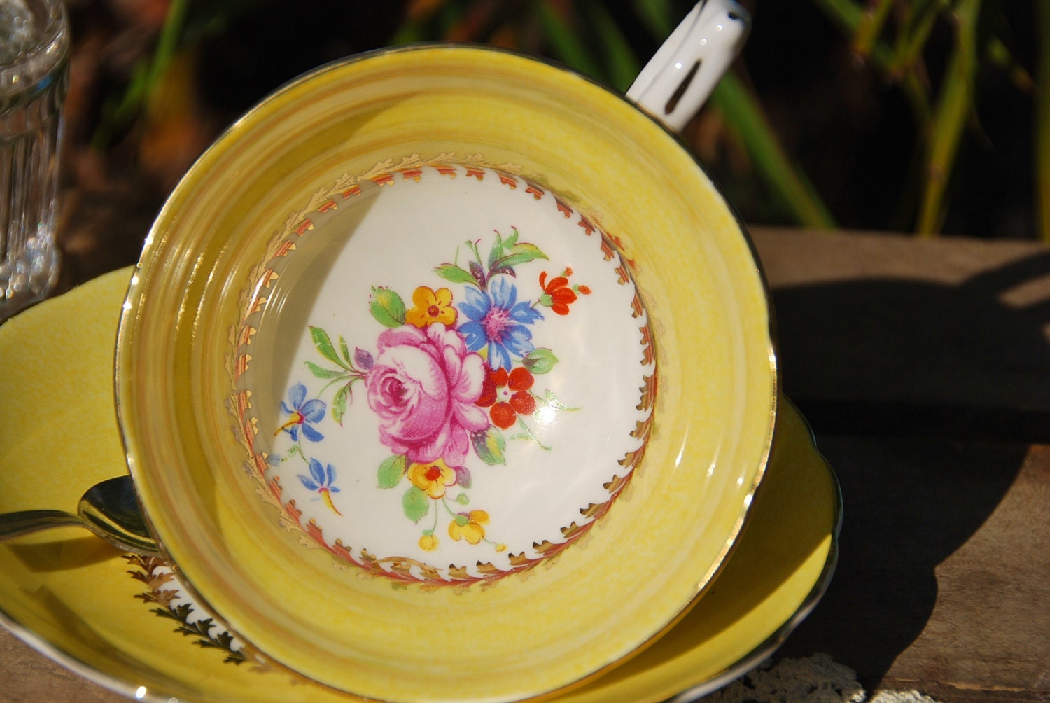 Sunny WESTBROOK Tea Cup and Saucer, Yellow/ Floral/Gilt, England
