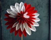 Paper Flower, Valentine Blossom, Red and White stripped Paper Dahlia, Wedding Decoration Ornament, Origami Flower on a stem