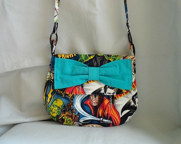 Hollywood Horror Monsters Cross Body with Teal Cotton Interior and Teal Bow with Black Rings on Side