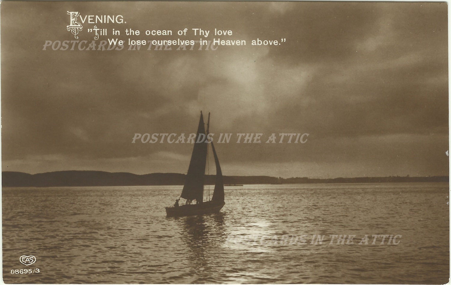 Vintage Postcard - Real Photograph Postcard RPP - Ocean - Sail Boat - Twilight - Ephemera - Travel Souvenir - Night Scene