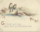 Antique Gibson Christmas Postcard Birds Overlooking a Winter Scene - Log Cabin - Country - Snow - 1923
