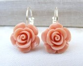 Cyber Monday Sale Rose earrings, peach orange salmon  kidney earwire affordable sale shabby chic, delicate casual boho drop dangle eco hoop