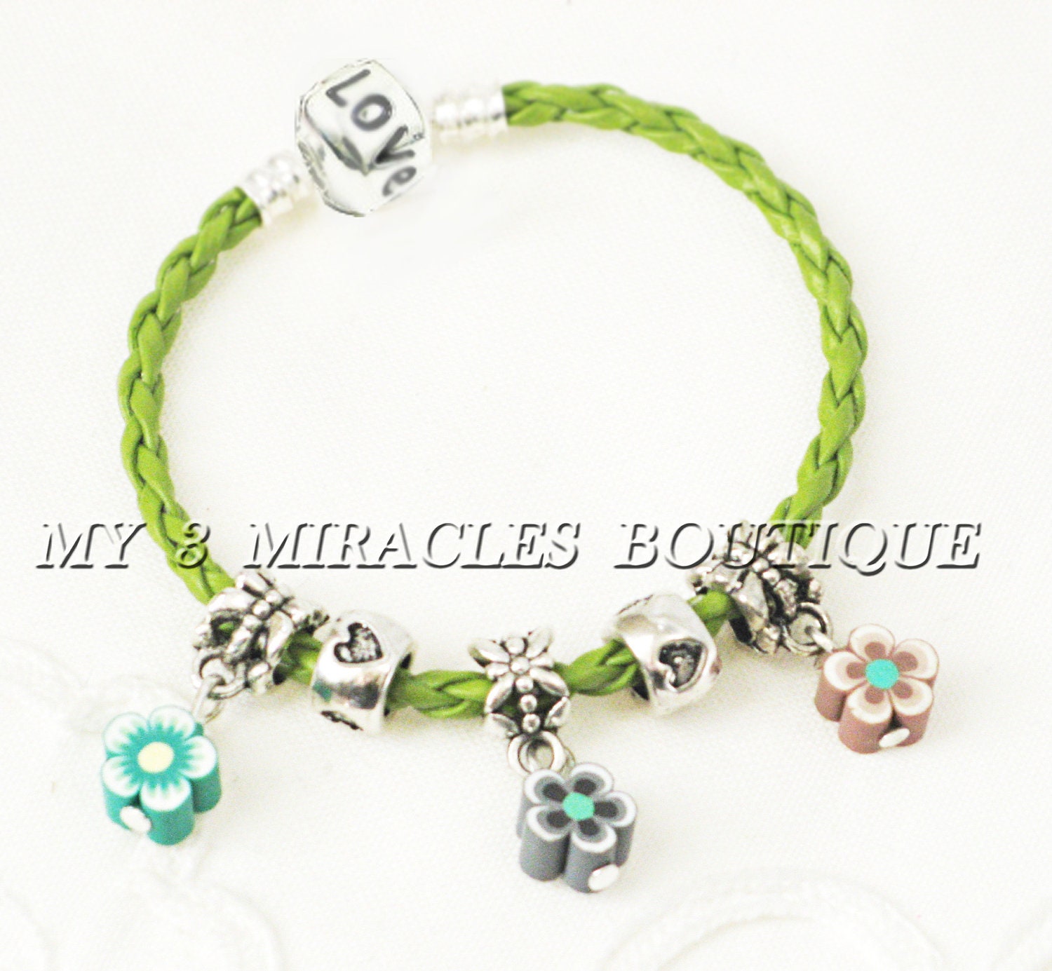 Girl SCOUT Daisy Brownie FLOWERS European Style BRACELET Braided Leather Cord Polymer Clay Brown Green heart Love Birthday Christmas Gift