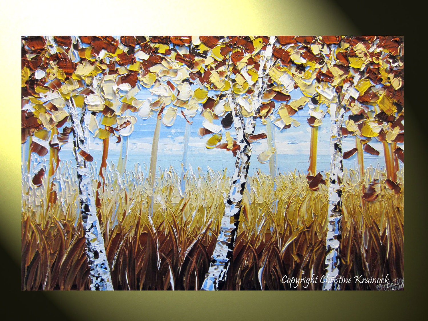 Original Art Abstract Painting Birch Trees Modern Textured Tree Palette Knife Decor Blue Brown Gold Autumn Fall Trees 24x36" - Christine