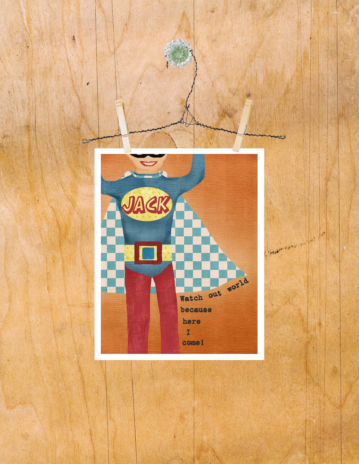 Art Superhero Boy Nursery Toddler Decor, Watch out World Here I Come, Personalize, Customize, 8 by 10 Print