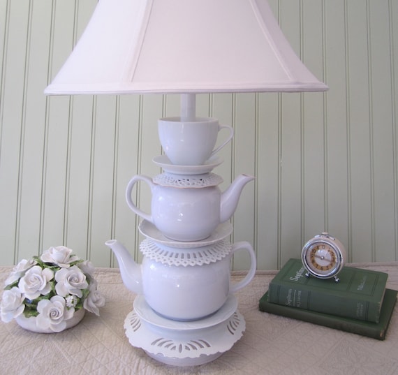 Teapot Lamp, White Stacked Teapots Tea Cup and Saucers, "Alison" Series, Alice in Wonderland Shabby Chic Country Beach Cottage