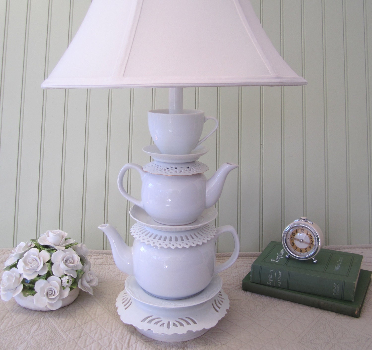 Teapot Lamp, White Stacked Teapots Tea Cup and Saucers, "Alison" Series, Alice in Wonderland Shabby Chic Country Beach Cottage